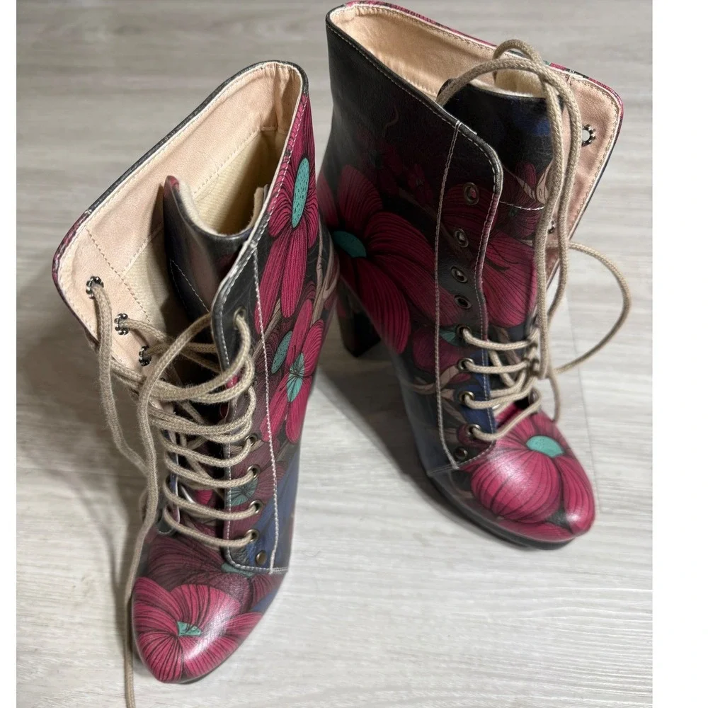 DOGO Floral Lace Up Heeled Ankle Boots Pink Blue Vegan Leather Size 38